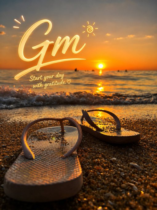 A pair of white flip-flops rest on the sandy shore at golden hour, with the cursive script "Gm — Start your day with gratitude ♡" overlaid, capturing a peaceful Saturday morning vibe that matches the post's energetic "GM" greeting wishing followers a productive weekend on X.
