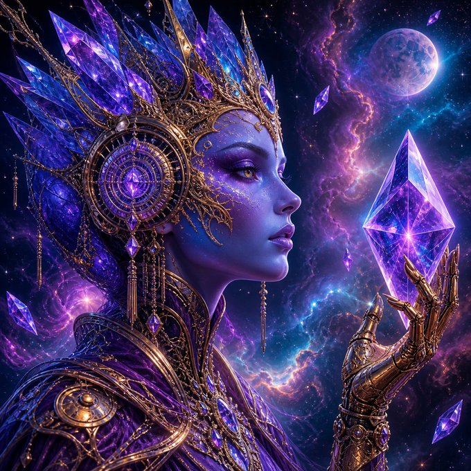 A vibrant, cosmic digital artwork of a blue-skinned queen wearing an elaborate crystalline crown, holding a glowing purple crystal against a starry nebula backdrop.
