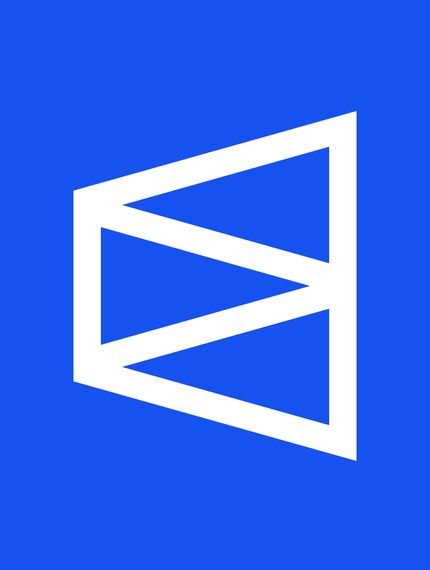 A white geometric logo resembling a stylized 'M' or stacked triangles on a solid blue background.