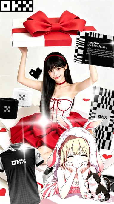 A promotional image featuring a woman in a red and white outfit holding a gift box above her head, alongside an anime character in bunny-themed clothing and various merchandise including clothing and a pixel-art heart. Text reads 'OKX' and 'Gear up for Match Day'.