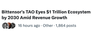 A news headline snippet reading 'Bittensor's TAO Eyes $1 Trillion Ecosystem by 2030 Amid Revenue Growth' posted 16 hours ago with 1,864 posts.