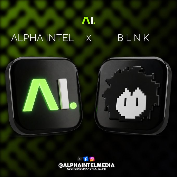 Promotional graphic for an "ALPHA INTEL x BLNK" collaboration featuring two 3D app-style icons—one displaying the green Alpha Intel "AI." logo and the other a pixelated BLNK character—set against a dark green patterned background, with social media handles "@ALPHAINTELMEDIA" and mint details ("Supply: 3,444 total / 3,333 mintable, Mint Date: 18th") at the bottom.