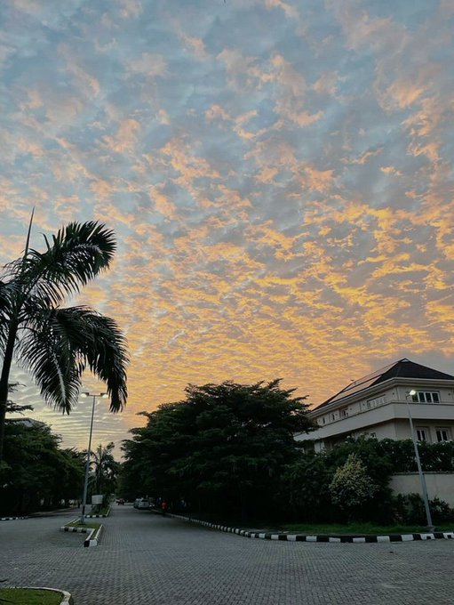 A street view at sunset or sunrise featuring a sky filled with scattered clouds tinged with orange and yellow, with a palm tree on the left and buildings on the right.