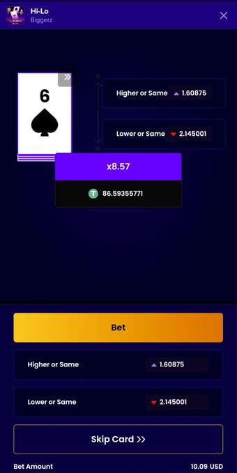 A screenshot of a mobile gambling or betting game interface showing a '6 of Spades' card, a multiplier of 'x8.57', a payout of '86.59355771', and betting options including 'Higher or Same' and 'Lower or Same'.