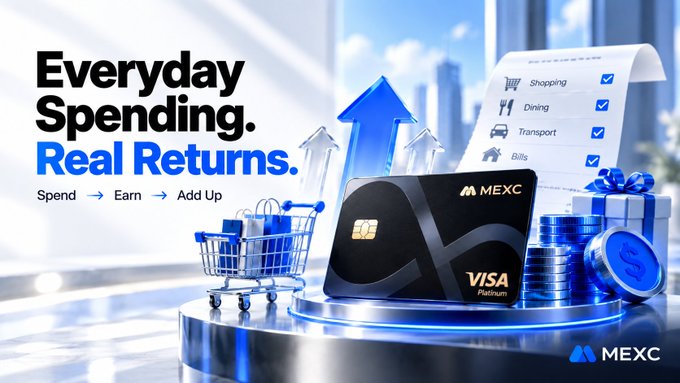 A promotional banner for the MEXC Visa Platinum card featuring the tagline "Everyday Spending. Real Returns." alongside "Spend → Earn → Add Up," with a shopping cart, rising arrows, and a checklist of categories (Shopping, Dining, Transport, Bills) visually reinforcing the concept that everyday purchases accumulate into tangible cashback rewards.