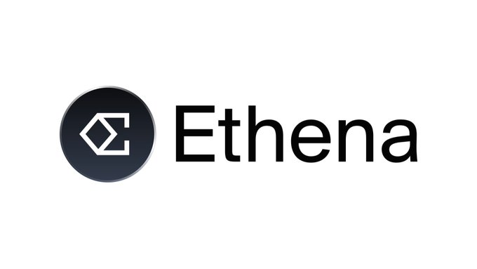 The image displays the Ethena logo, featuring a black circular icon with a white geometric symbol alongside the wordmark "Ethena." The logo accompanies a news update about Ethena Labs purchasing locked seed investor tokens to remove future VC unlock overhang and proposing a fee switch directing 95% of net protocol revenue toward ENA token buybacks.