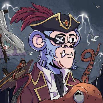 A digital illustration of a pirate-themed monkey wearing an eye patch and feathered hat against a stormy sky with lightning, accompanied by an octopus and a sailing ship.