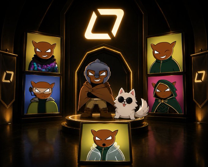 A stylized illustration of a hooded character in a brown cloak standing beside a small white fluffy creature, surrounded by framed portraits of similar cat-like characters beneath a glowing logo.