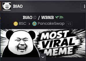 A crypto token listing for 'BIAO' on PancakeSwap BSC with a 'MOST VIRAL MEME' panda graphic.
