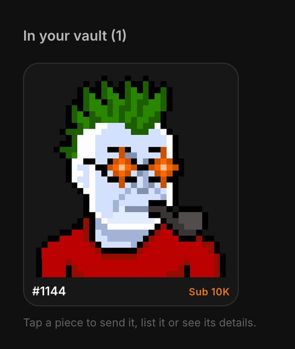 A dark digital interface displays 'In your vault (1)' above a pixel art NFT portrait of a pale figure with green spiked hair wearing orange star-shaped sunglasses and a red shirt, labeled '#1144' and 'Sub 10K'.