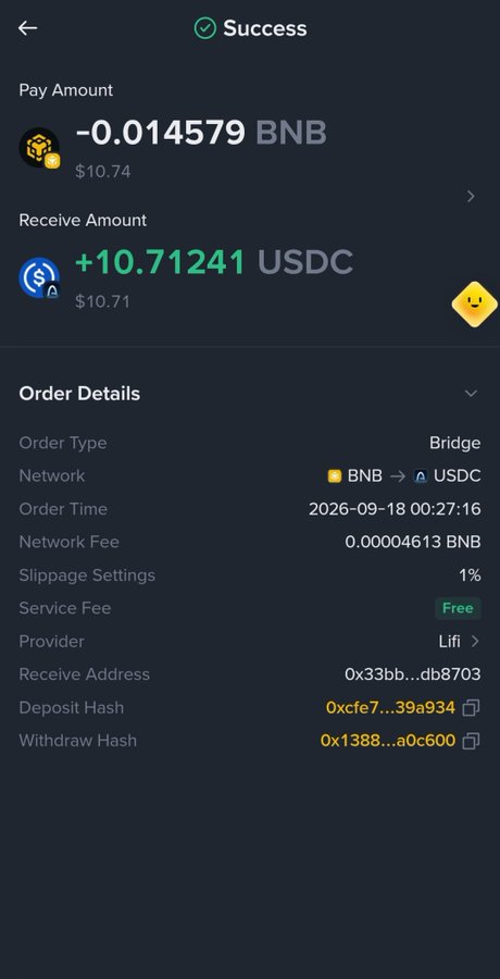 A mobile app screen showing a successful cryptocurrency bridge transaction: -0.014579 BNB ($10.74) paid to receive +10.71241 USDC ($10.71), with order details including Network Fee 0.00004613 BNB, Slippage 1%, Provider Lifi, and timestamps from 2026-09-18.