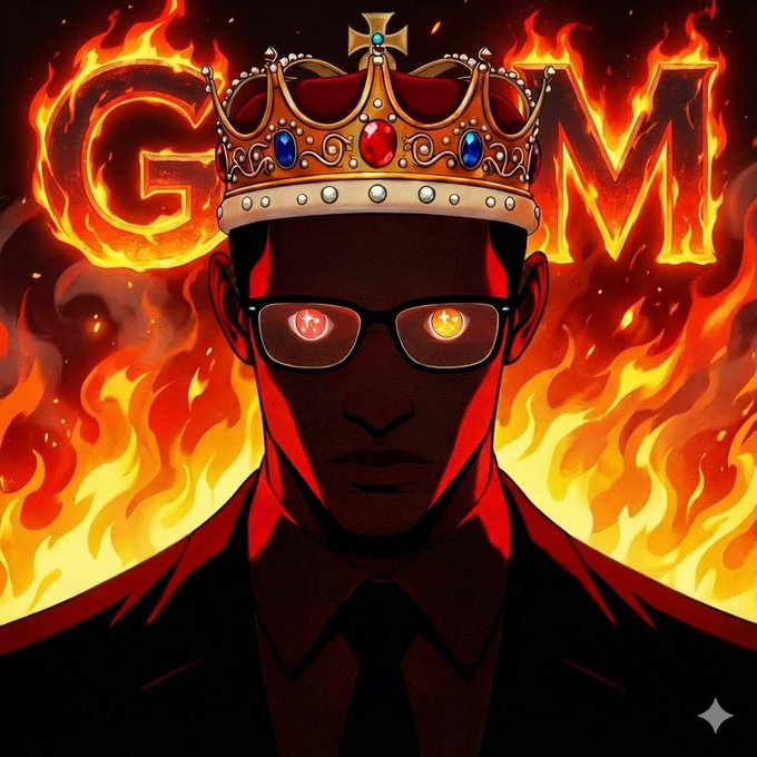 An anime-style illustration of a man with glowing red and gold eyes wearing glasses and an ornate jeweled crown, surrounded by flames with fiery letters 'G' and 'M' framing him.