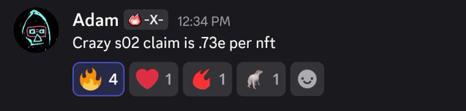 A Discord message from 'Adam' with a hooded avatar posted at 12:34 PM reading 'Crazy sO2 claim is .73e per nft', with reaction emojis including fire, heart, and a llama below.