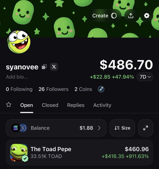 The image shows a Pump.fun profile for user "syanovee" with a total portfolio value of $486.70 (+47.94% in 7D), featuring a large holding of "The Toad Pepe" (33.51K TOAD) valued at $460.96 with a +911.63% gain, which aligns with the post announcing a $TOAD giveaway to followers who hold the token.