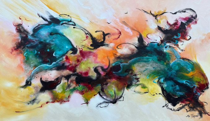 Colorful abstract painting featuring swirling black lines and vibrant splashes of teal, orange, pink, and yellow.