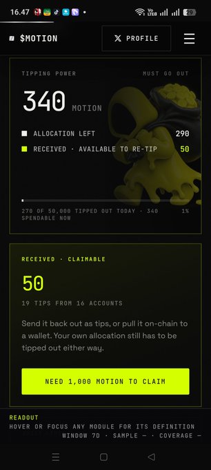 A mobile app interface showing a MOTION profile with a 'TIPPING POWER' of 340 and a 'CLAIMABLE' amount of 50 from 19 tips.