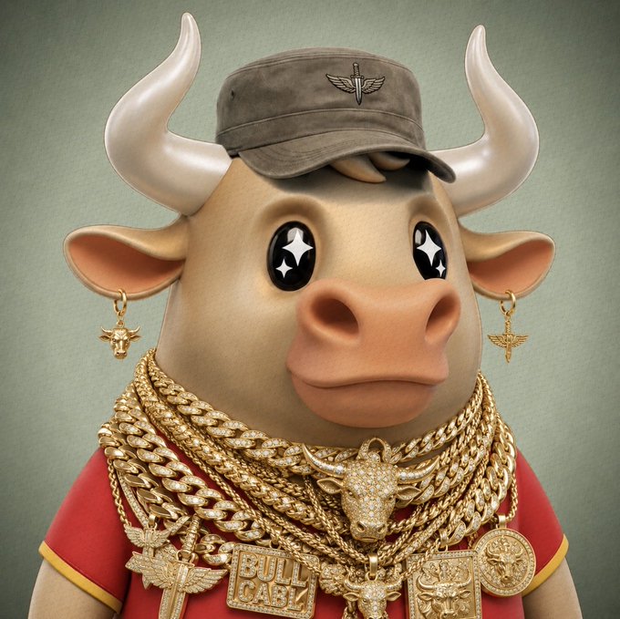 A 3D-rendered cartoon bull character wearing a military-style cap, gold earrings, a red shirt, and multiple gold chains and pendants including ones reading 'BULL' and 'CASH'.