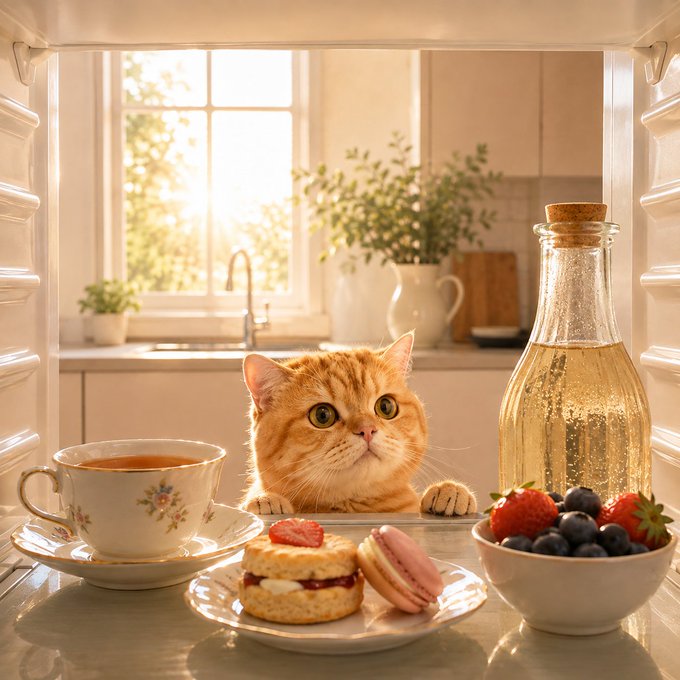 A warm, sunlit kitchen scene featuring an orange cat looking over a table with tea, pastries, berries, and a glass bottle.
