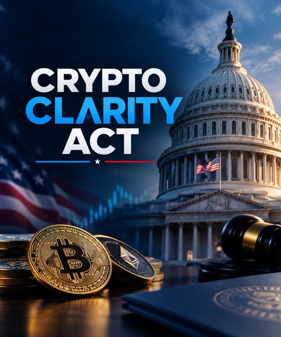 Promotional graphic for the 'Crypto Clarity Act' featuring the US Capitol building, American flag, Bitcoin coins, and a judge's gavel against a dramatic sky.