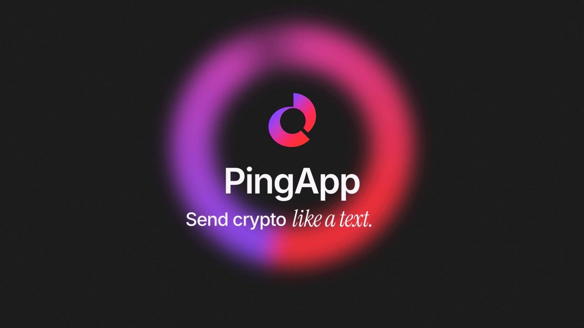A promotional graphic for 'PingApp' featuring a circular logo with purple-to-red gradient, displaying the tagline 'Send crypto like a text.'