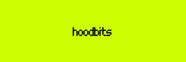 A minimalist lime green background displays the pixelated wordmark 'hoodbits' in black text.