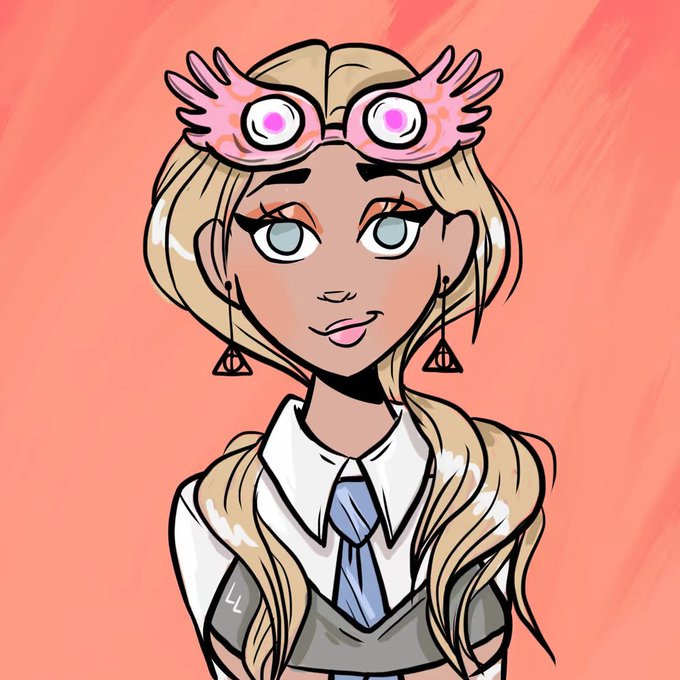 A digital illustration of a blonde girl with a pink owl on her head, wearing a school uniform and Deathly Hallows earrings against an orange background.