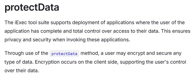 Documentation explains the iExec "protectData" method, which allows users to encrypt and secure data on the client side to maintain privacy and control.