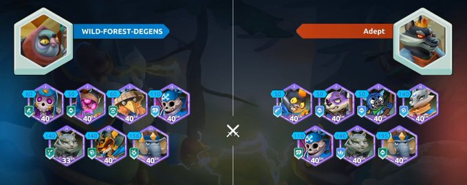 Screenshots from the game TFT showing a team composition labeled 'WILD-FOREST-DEGENS' facing off against an 'Adept' comp.