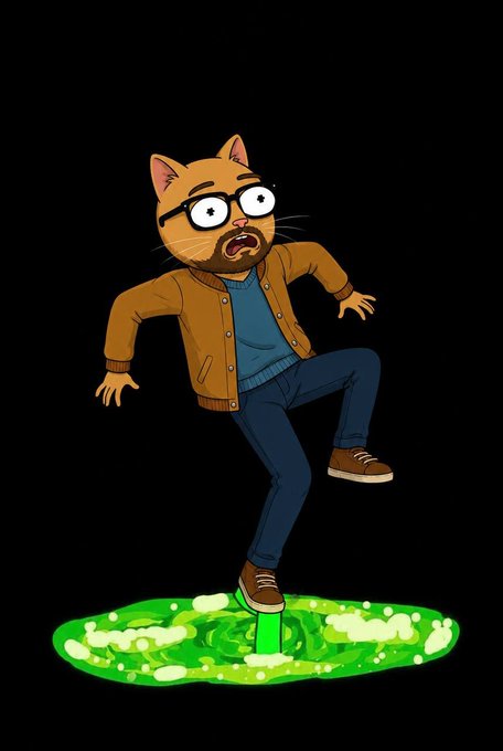 An illustrated anthropomorphic cat character wearing glasses, a brown jacket, and blue jeans appears to be falling or balancing precariously on a green puddle-like shape against a black background.