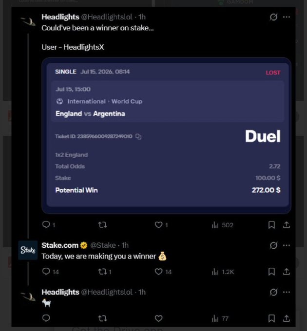 A screenshot of a Twitter/X thread shows user @Headlightslol posting a lost betting slip on Stake.com for an England vs. Argentina match at the 2026 World Cup, where a $100 stake at 2.72 odds would have won $272, followed by Stake.com's reply offering to make them a winner. The post highlights how betting with Stake would have resulted in a payout at the first goal, implying the user lost because they used a different sportsbook.