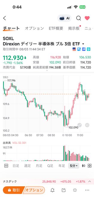 A stock trading app screenshot showing the SOXL (Direxion Daily Semiconductor Bull 3X ETF) chart priced at $112.930, down 1.56%, with price displayed in Japanese yen.