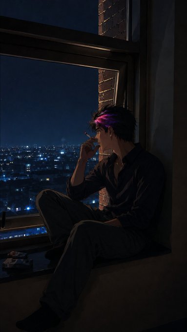 An anime-style digital illustration of a young man with purple-streaked hair sitting on a windowsill, smoking, looking out over a nighttime cityscape.