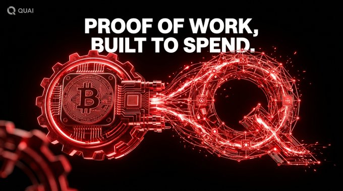 The image features a large red logo of a Bitcoin symbol surrounded by a red circle with a lightning bolt inside. The text "Proof of work, built to spend" is written above the logo, emphasizing the concept behind Bitcoin's proof-of-work system. The post also mentions that QuaiNetwork uses this same concept for everyday transactions and values it at real energy.