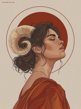 A serene illustration of a woman with closed eyes and dark curly hair featuring a large ram's horn, set against a deep red circular halo background while wearing a draped orange-red garment, evoking mythological or astrological symbolism that complements the artwork being offered for sale.