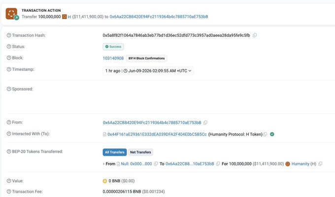The image shows a screenshot of a computer screen displaying a spreadsheet containing transactions, lists of various crypto tokens, and other financial data. The focus of the image seems to be related to an online marketplace where users can buy or sell different cryptocurrencies such as Bitcoin. There is a specific event happening in the marketplace with the words "BREAKING Humanity Protocol" being mentioned within it. This could possibly involve hackers minting 100M tokens worth $11.4M and causing pressure on the market as token dumps become more common.