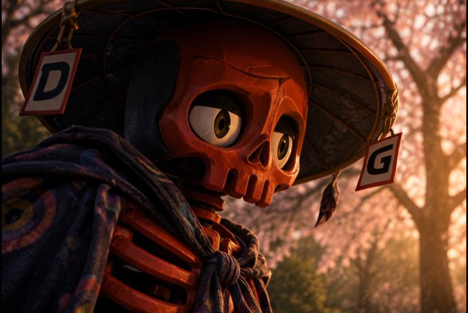 A stylized skeleton character with large expressive eyes wears a wide-brimmed straw hat adorned with tags labeled "D" and "G", set against a backdrop of pink blossoming trees.