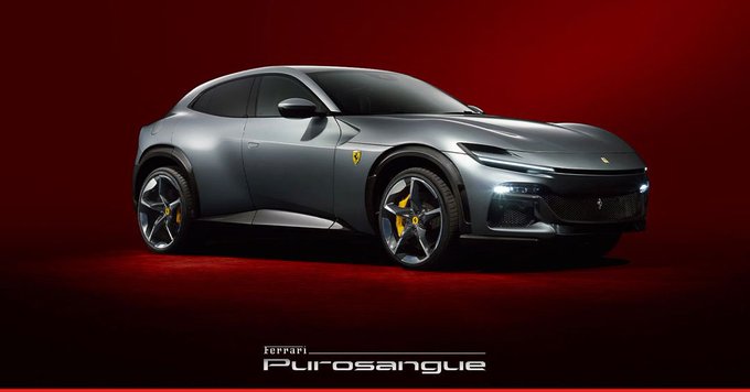 A promotional image displays a silver Ferrari Purosangue SUV against a red background, with the text 'Ferrari Purosangue' at the bottom.