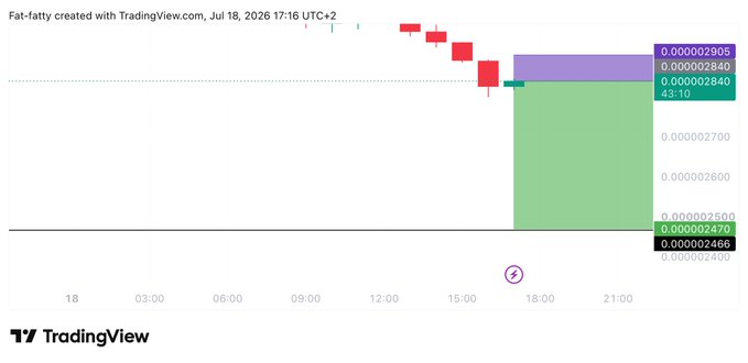 A TradingView chart for Fat-fatty displays a short trade setup with an entry at 0.00000284, a target at 0.00000247, and a stop loss at 0.000002915, showing a downward price projection with a green target zone and purple risk zone on the right side of the chart.