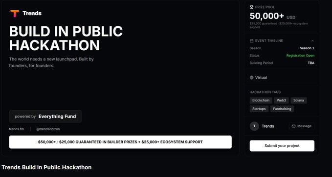 A promotional banner for the 'Build in Public Hackathon' by Trends, featuring a $50,000+ prize pool, registration open status, and hackathon tags including Blockchain, Web3, Solana, Startups, and Fundraising, powered by Everything Fund.
