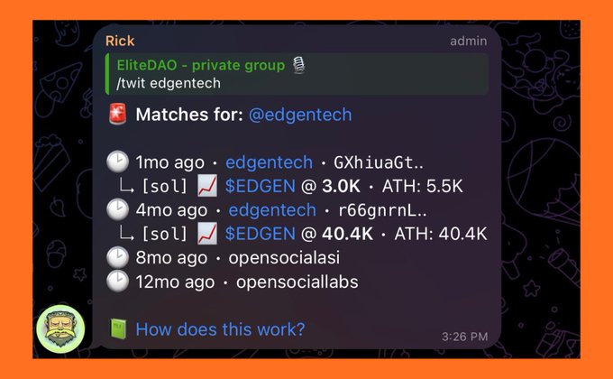 A Discord message screenshot from user "Rick" showing Twitter matches for @edgentech, with EliteDAO private group tagged and EDGEN token at 3.0K (ATH: 5.5K) and 40.4K.