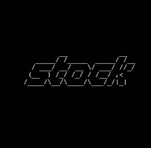 The image features a black background with white text that reads "STOCK" written in a unique font, resembling a grid of small squares or dots. The text is positioned at the bottom center of the frame, making it stand out against the dark backdrop. The overall layout and design of the image suggest that it could be related to an advertisement or promotional material for a stock trading platform or cryptocurrency exchange.