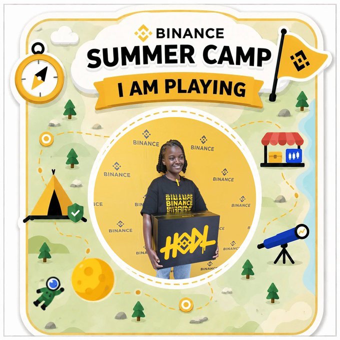 A Binance "Summer Camp" promotional sticker features the slogan "I AM PLAYING" around a circular photo of a smiling person holding a black box branded with the Binance logo, surrounded by camping-themed illustrations.