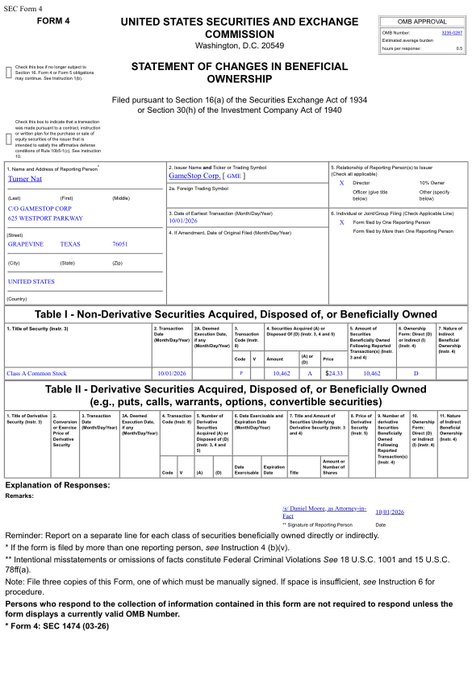 An SEC Form 4 Statement of Changes in Beneficial Ownership filed by Taimur Nai dated 10/01/2026 regarding C O GAMESTOP CORP Class A Common Stock transactions.