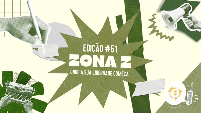 A retro-style promotional graphic for “Zona Z — Edição #51,” with the tagline “Onde a sua liberdade começa,” alongside megaphone, typewriter, paper, and communication-themed illustrations. It promotes the Substack post “O Descompasso Prometeico | Sobre Crescer na Mesma Velocidade das Ferramentas que Criamos,” credited to @AAmandita_.