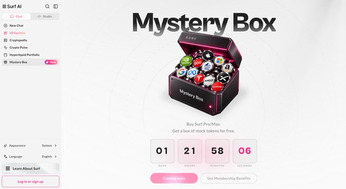 A promotional web page for "Surf AI" featuring a "Mystery Box" graphic filled with various app icons, offering a countdown of 01 days, 21 hours, 58 minutes, and 06 seconds until a coming soon launch.