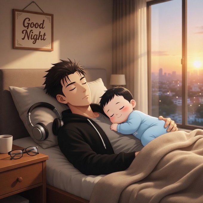 An anime-style illustration shows a young man with headphones napping in bed while cuddling a sleeping baby in blue pajamas, with a 'Good Night' sign on the wall and a sunset city view through the window.