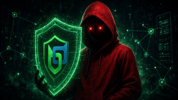 A hooded figure with glowing red eyes holds a green digital shield, surrounded by a matrix-like network of glowing nodes. The image evokes themes of privacy and security, aligning with the post's mention of sending a private transaction and testing blockchain tools after an $8M funding round.