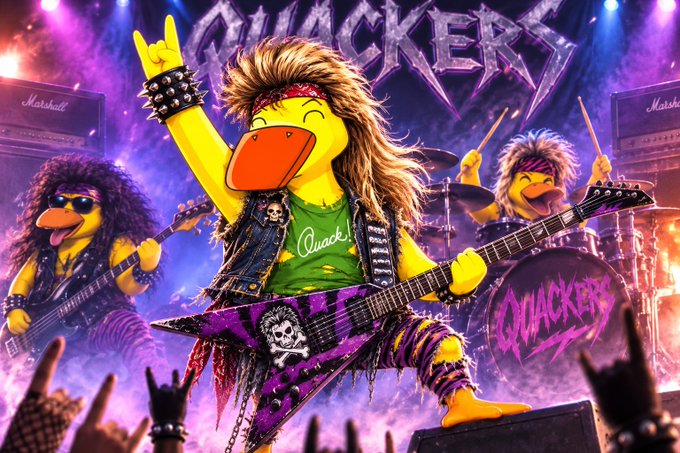 AI-generated artwork of yellow ducks styled as the heavy metal band 'Quackery', with one lead duck making a rock gesture on a concert stage with Marshall amps.