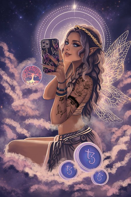 A fantasy digital artwork of a winged fairy-like woman with elven ears and intricate tattoos taking a selfie with a smartphone against a purple cloudy sky, accompanied by a 'Tree of Life' emblem and three 't3' tokens.