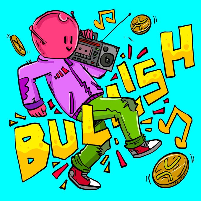 A colorful cartoon illustration of a pink-headed character holding a boombox on a cyan background with 'BULLISH' in large yellow graffiti-style letters and scattered gold coins.